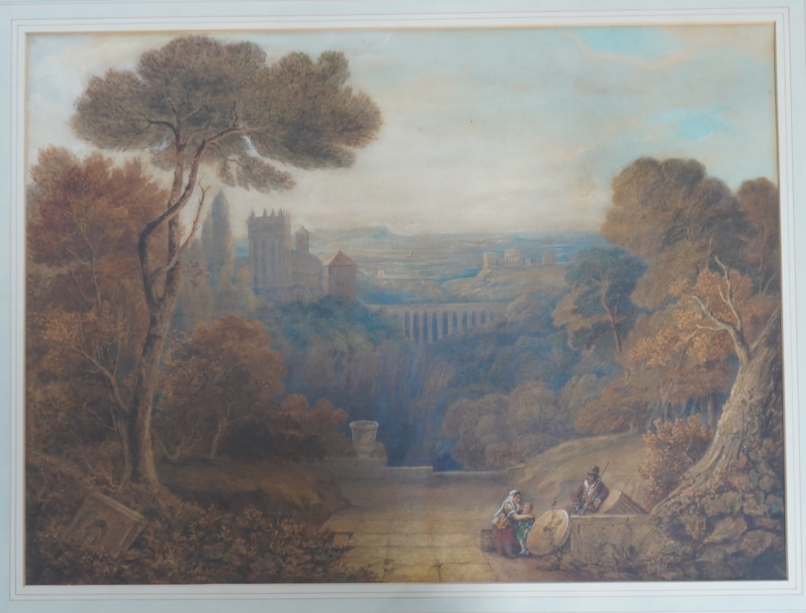 After Claude (1604/5?-1682), Classical landscape with building and a family of three on a footpath, watercolour, 43 x 58cm